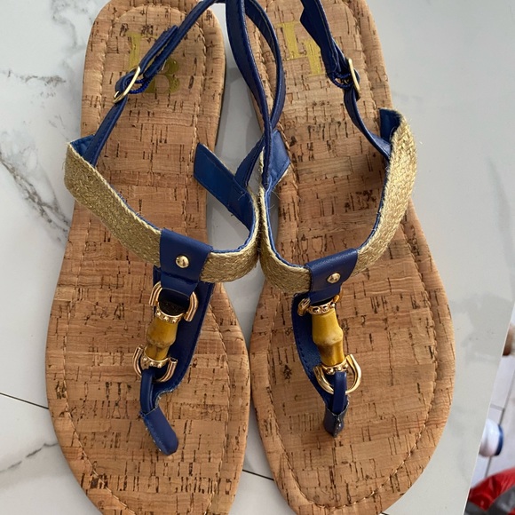 Kohl’s Bright Blue W Gold Accent Cork Bottom Thong Sandals Large 9/10 - Picture 3 of 8
